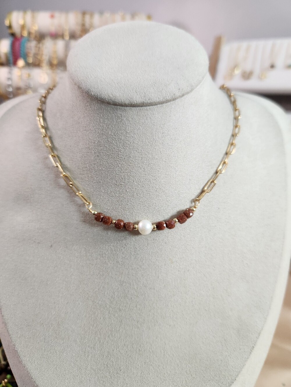 Handmade Goldstone And Pearl Necklace